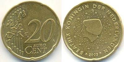 Лот: 4080806. Фото: 1. Нидерланды. 20 евроцентов, 1999... Европа