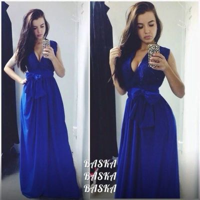 Лот: 6051756. Фото: 1. Платье синее шифоновое с декольте. Платья