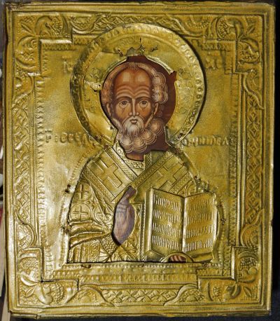 Лот: 18399137. Фото: 1. икона Николай Чудотворец, латунный... Иконы
