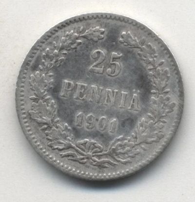 Лот: 5184349. Фото: 1. 25 пенни 1901 г, Финляндия, серебро... Европа