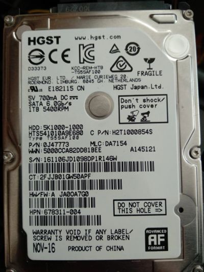 Лот: 14807017. Фото: 1. Жесткий диск HGST 1TB KCC-REM-HTB-TS5SAF100. Жёсткие диски (HDD)