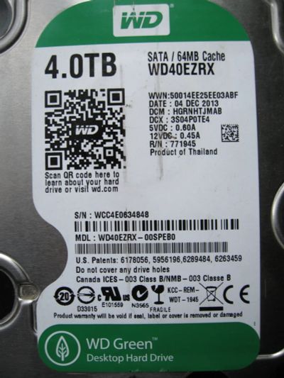 Лот: 19420135. Фото: 1. Western Digital 4TB WD40EZRX. Жёсткие диски (HDD)