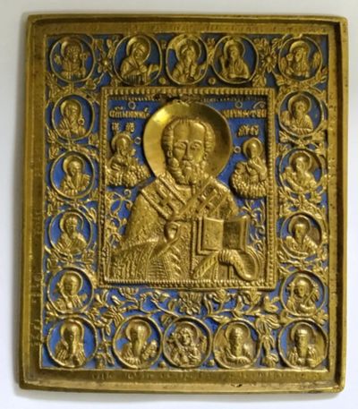 Лот: 25386216. Фото: 1. Икона Св. Николай.. Бронза, эмаль... Предметы интерьера и быта