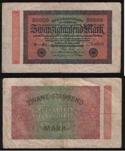 Лот: 24697668. Фото: 1. Банкнота Германии 20 000 марок... Германия и Австрия