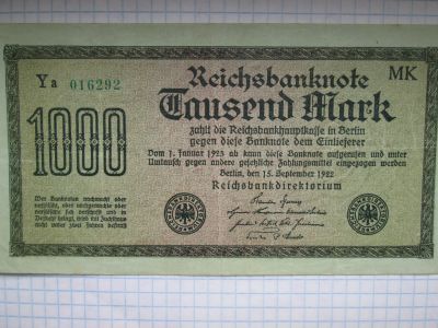 Лот: 19168223. Фото: 1. Банкнота 1000 марок 1922 года... Германия и Австрия