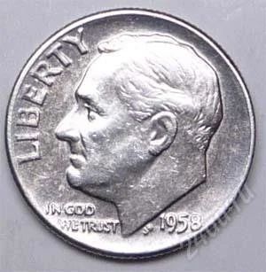 Лот: 1526739. Фото: 1. США. 1 дайм (10 цент) 1958г. Серебро... Америка