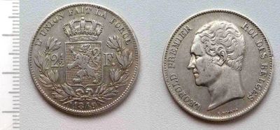 Лот: 8272771. Фото: 1. Бельгия. 2 1/2 франка 1849 (серебро... Европа