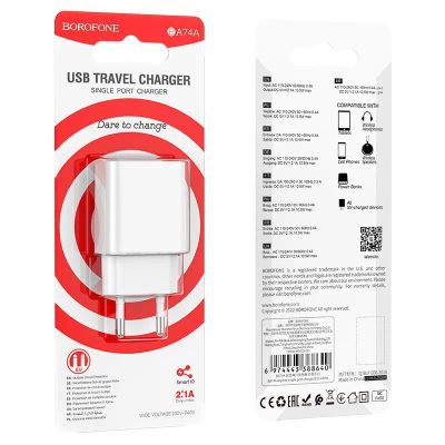 Лот: 22144446. Фото: 1. СЗУ BOROFONE BA-74A 1*USB 2.1A... Зарядные устройства, блоки питания, адаптеры сетевые для смартфонов