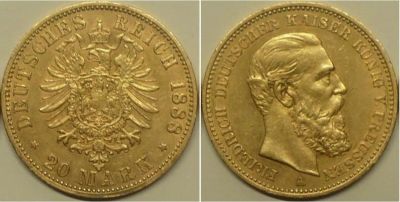Лот: 12883073. Фото: 1. золотая монета 20 марок 1888 года... Европа