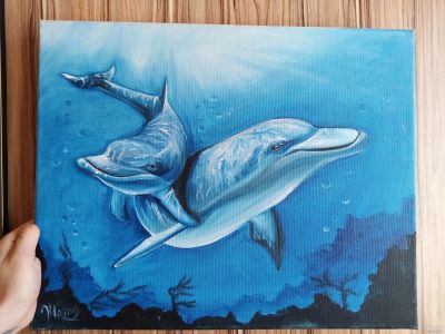 Лот: 17585330. Фото: 1. Картина "Дельфины" холст, масло. Картины, рисунки