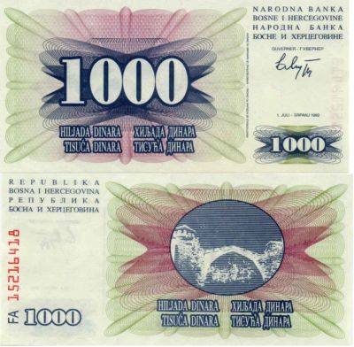 Лот: 5067924. Фото: 1. 1000 динаров Босния и Герцеговина... Европа
