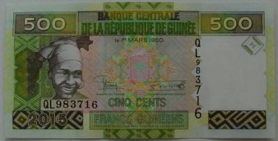 Лот: 10854847. Фото: 1. Гвинея 500 франков 2015, в обороте... Африка
