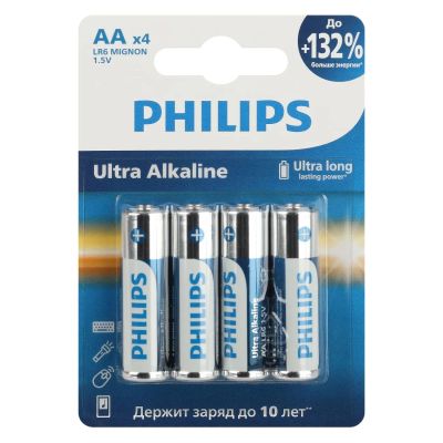 Лот: 24471848. Фото: 1. Батарейки Philips AA (LR6), 4... Батарейки, аккумуляторы, элементы питания
