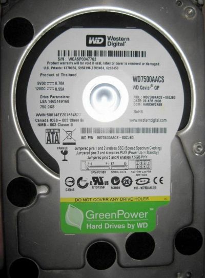 Лот: 828048. Фото: 1. HDD 750Gb WD7500AACS SATA. Жёсткие диски (HDD)