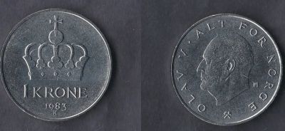 Лот: 18849852. Фото: 1. Норвегия 1 крона 1983 Улаф V в... Европа