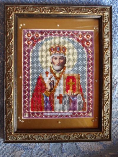 Лот: 4369444. Фото: 1. Икона вышитая бисером Святой Николай... Вышивание
