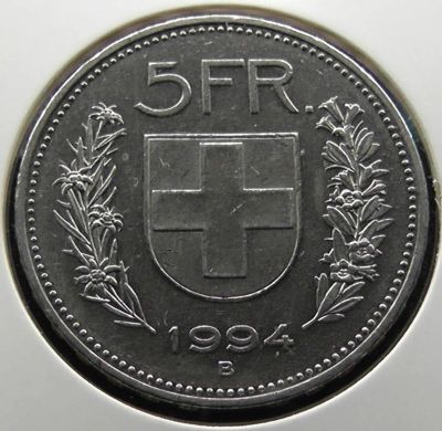 Лот: 11542535. Фото: 1. Швейцария монета 5 франков 1994... Европа