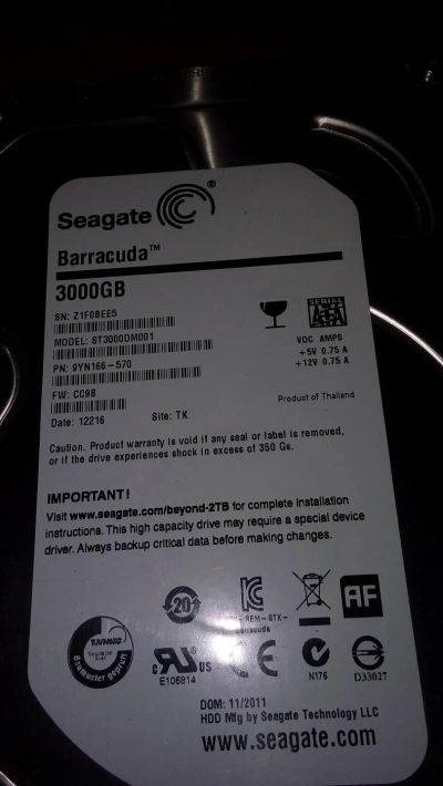 Лот: 8906574. Фото: 1. Жесткий диск Seagate 3000GB (ST3000DM001... Жёсткие диски (HDD)