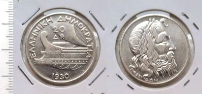 Лот: 8272835. Фото: 1. Греция. 20 драхм 1930 (серебро... Европа