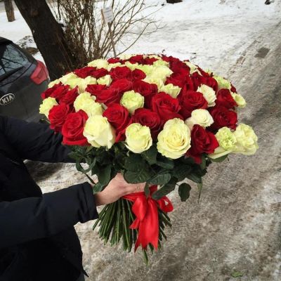 Лот: 9415491. Фото: 1. 51 роза красная + белая. Свежие цветы