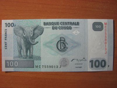Лот: 9595792. Фото: 1. Конго 100 франков 2007 года. Слон... Африка