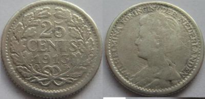 Лот: 4119387. Фото: 1. 25 центов 1913 Голландия, серебро. Другое (монеты)
