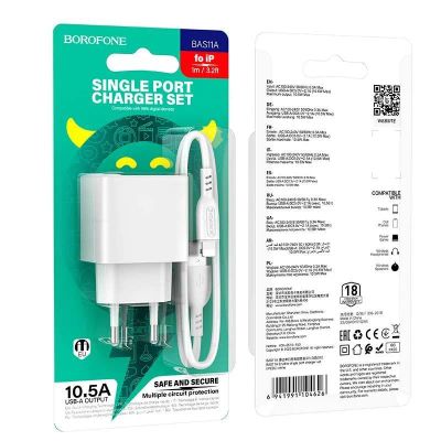 Лот: 22142495. Фото: 1. СЗУ BOROFONE BAS11A 1USB-A+LIGHTNING... Зарядные устройства, блоки питания, адаптеры сетевые для смартфонов