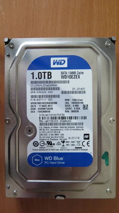 Лот: 24962791. Фото: 1. Жесткий диск WD Blue 1 TB (WD10EZEX... Жёсткие диски (HDD)