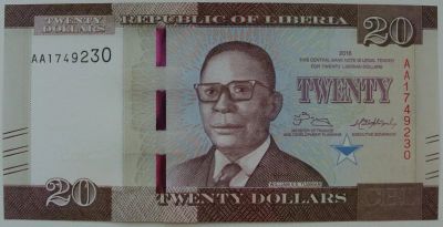 Лот: 10850135. Фото: 1. Либерия 20 долларов 2016, в обороте... Африка