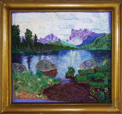 Лот: 96707. Фото: 1. Вышивка гладью (ручная) "Озеро... Произведения