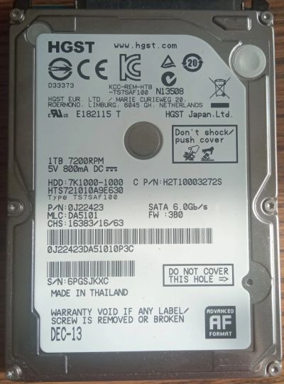 Лот: 20745189. Фото: 1. Жесткий диск HDD HGST hts721010a9e630... Жёсткие диски (HDD)