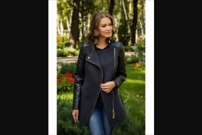 Лот: 6193759. Фото: 1. Модное пальто с кожаными рукавами... Верхняя одежда