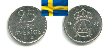 Лот: 19235012. Фото: 1. Швеция 25 эре 1973 Густав Адольф... Европа