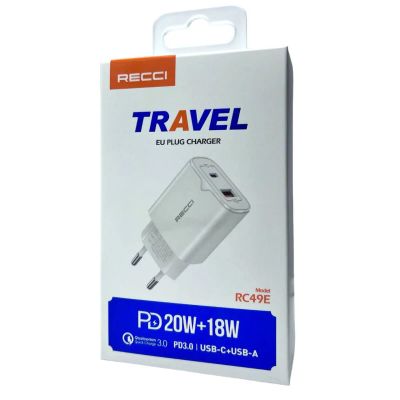 Лот: 22149690. Фото: 1. СЗУ RECCI TRAVEL USB-C+USB-A 20W... Зарядные устройства, блоки питания, адаптеры сетевые для смартфонов