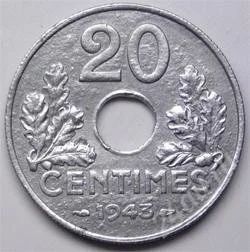 Лот: 17203506. Фото: 1. Франция. 20 сентим 1943г. Цинк... Европа