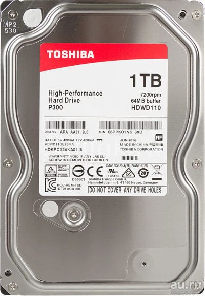 Лот: 9163762. Фото: 1. 1 Тб Toshiba P300 HDWD110 SATA-III... Жёсткие диски