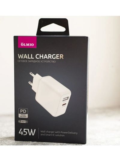 Лот: 22146489. Фото: 1. СЗУ OLMIO USB-C PD+USB-A 45W white. Зарядные устройства, блоки питания, адаптеры сетевые для смартфонов