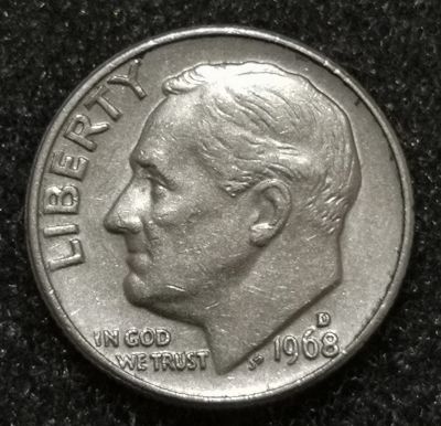 Лот: 23528814. Фото: 1. 10 центов (дайм) 1968 года. США... Америка