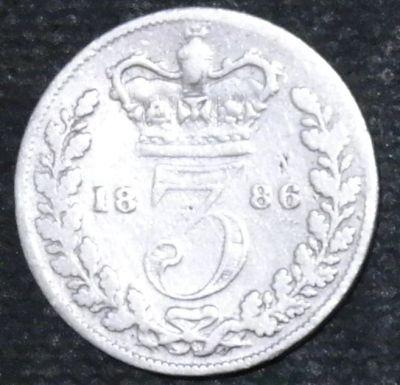 Лот: 12620837. Фото: 1. Великобритания. 3 пенса.1886 год... Остальные страны