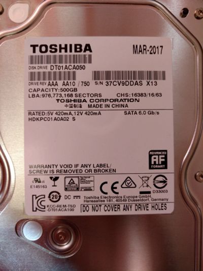 Лот: 12447166. Фото: 1. Жесткий диск HDD Toshiba 500gb. Жёсткие диски