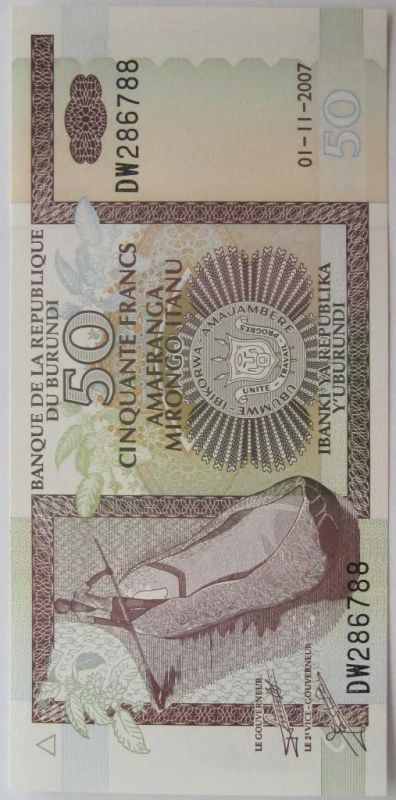 Лот: 5725651. Фото: 1. Бурунди 50 франков 2007, в обороте... Африка