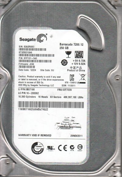 Лот: 12071428. Фото: 1. SATA 3.5" Seagate Barracuda ST3250312AS... Жёсткие диски (HDD)
