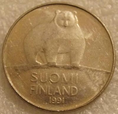 Лот: 10944318. Фото: 1. 50 пенни 1991 Финляндия медведь. Европа