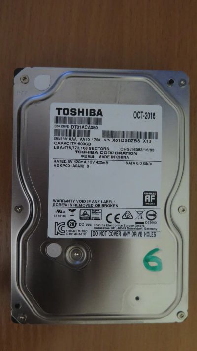 Лот: 25081218. Фото: 1. Жесткий диск Toshiba 500gb DT01ACA050... Жёсткие диски (HDD)