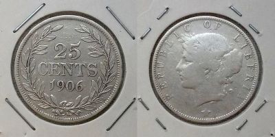 Лот: 8272735. Фото: 1. Либерия. 25 центов 1906 (серебро... Африка