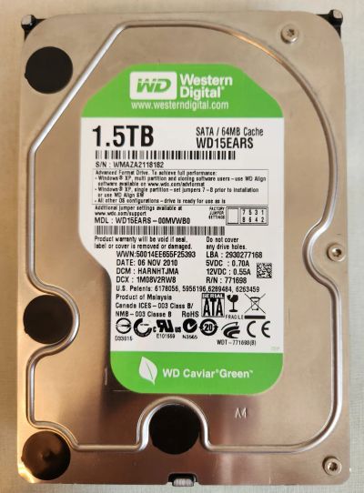 Лот: 22556748. Фото: 1. HDD WD Green 1,5Tb WD15EARS-00MVWB0... Жёсткие диски (HDD)