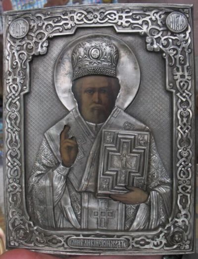 Лот: 10485129. Фото: 1. икона Николай Угодник, латунный... Предметы интерьера и быта