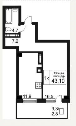 Лот: 12275124. Фото: 1. 1 комн. квартира, 42,5 кв.м... Квартиры, студии