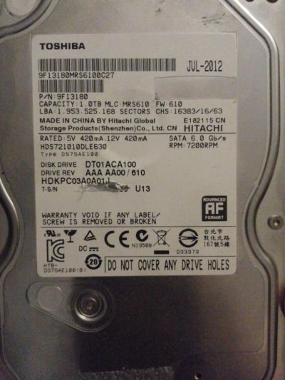 Лот: 4116515. Фото: 1. Toshiba \ Hitachi DT01ACA100 c... Жёсткие диски (HDD)