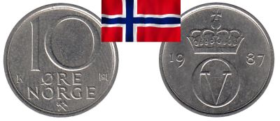 Лот: 19253179. Фото: 1. Норвегия 10 эре 1987 Улаф V. Европа